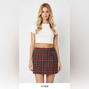 Red and black plaid wool texture wrap skirt with button detail 6 H&M